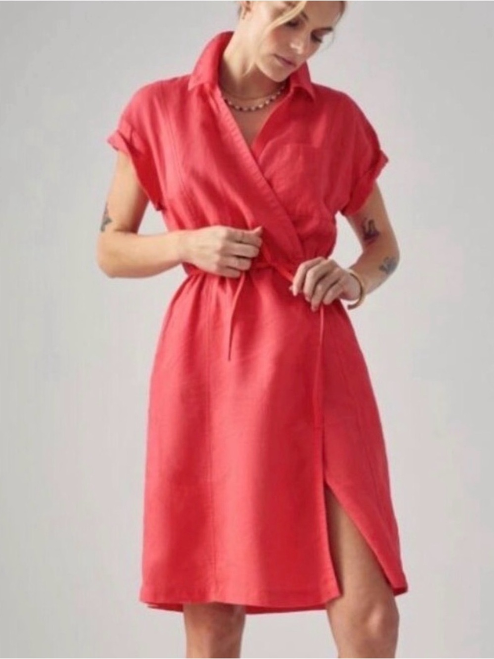 Athleta Women's 100% Linen Coral Wrap-Style Short Sleeve Dress